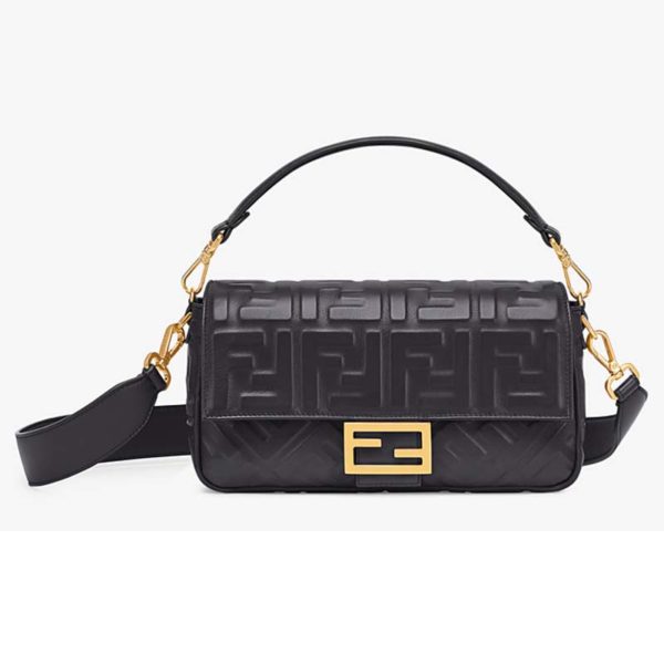 Fendi Women Medium Iconic Baguette Lambskin All-Over FF Motif-Black