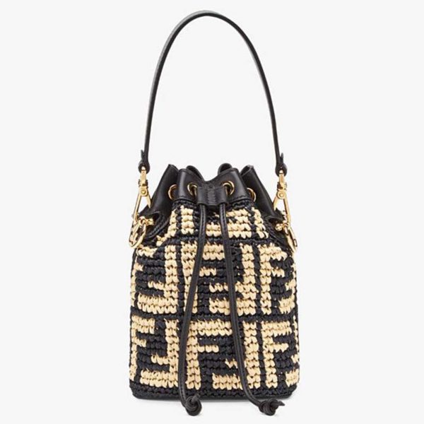 Fendi Women Mon Tresor Bucket Bag FF Motif Black Leather