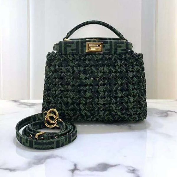 Fendi Women Peekaboo Iconic Medium Jacquard Fabric Interlace Bag-Dark Green (2)
