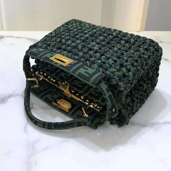 Fendi Women Peekaboo Iconic Medium Jacquard Fabric Interlace Bag-Dark Green (5)