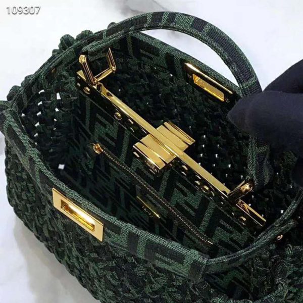 Fendi Women Peekaboo Iconic Medium Jacquard Fabric Interlace Bag-Dark Green (9)