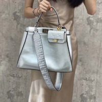 Fendi Women Peekaboo Iconic Medium Silver Mirror-Effect Leather Bag