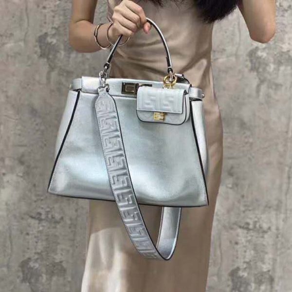 Fendi Women Peekaboo Iconic Medium Silver Mirror-Effect Leather Bag (2)