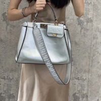 Fendi Women Peekaboo Iconic Medium Silver Mirror-Effect Leather Bag