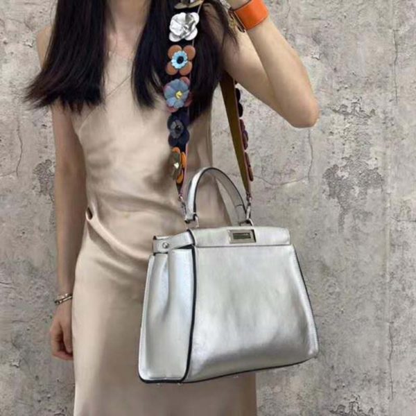 Fendi Women Peekaboo Iconic Medium Silver Mirror-Effect Leather Bag (6)