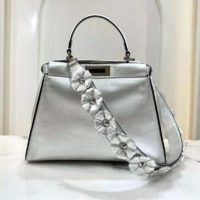 Fendi Women Peekaboo Iconic Medium Silver Mirror-Effect Leather Bag