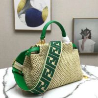 Fendi Women Peekaboo Iconic Mini Natural Raffia Bag Green Nappa