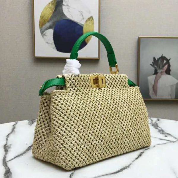 Fendi Women Peekaboo Iconic Mini Natural Raffia Bag Green Nappa (15)