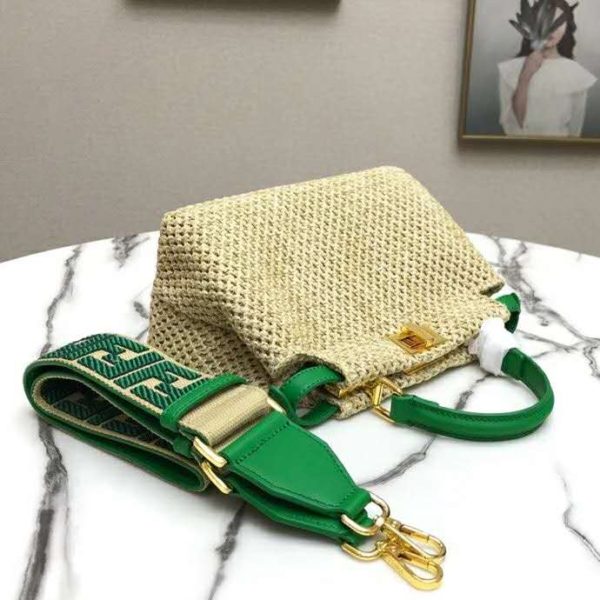 Fendi Women Peekaboo Iconic Mini Natural Raffia Bag Green Nappa (2)