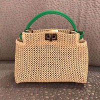 Fendi Women Peekaboo Iconic Mini Natural Raffia Bag Green Nappa