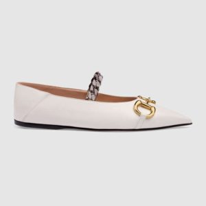 Gucci Women's Leather Ballet Flat with Horsebit White Leather