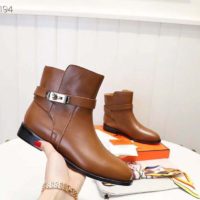 Hermes Women Neo Ankle Boot Calfskin with Iconic Buckle-Chocolate