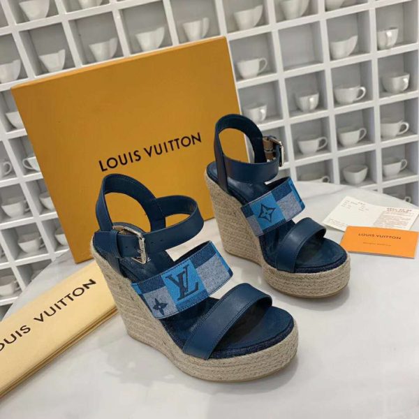 Louis Vuitton LV Women Starboard Wedge Sandal Denim Calf Leather (2)