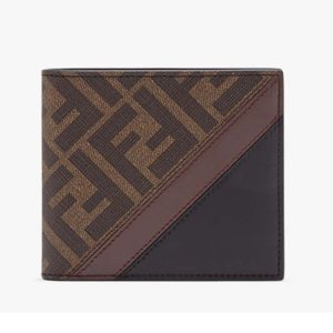 Fendi Unisex Wallet Brown Fabric Bi-Fold FF Motif Black Leather