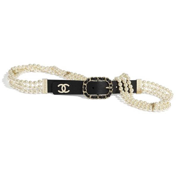 Chanel Women Calfskin Glass Pearls & Gold-Tone Metal Black Belt