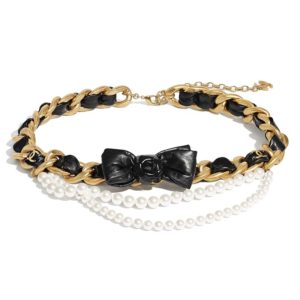 Chanel Women Metal Glass Pearls & Calfskin Gold Pearly White & Black Belt