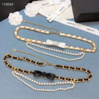 Chanel Women Metal Glass Pearls & Calfskin Gold Pearly White & Black Belt