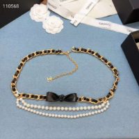 Chanel Women Metal Glass Pearls & Calfskin Gold Pearly White & Black Belt