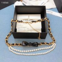 Chanel Women Metal Glass Pearls & Calfskin Gold Pearly White & Black Belt