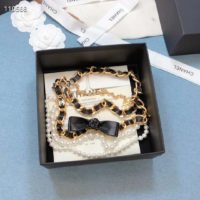 Chanel Women Metal Glass Pearls & Calfskin Gold Pearly White & Black Belt