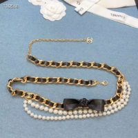 Chanel Women Metal Glass Pearls & Calfskin Gold Pearly White & Black Belt