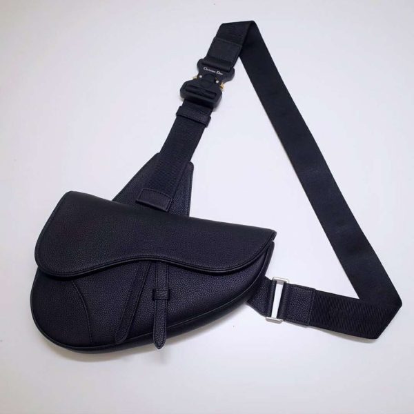 Dior Unisex Saddle Bag Black Grained Calfskin Christian Dior CD Buckle (3)