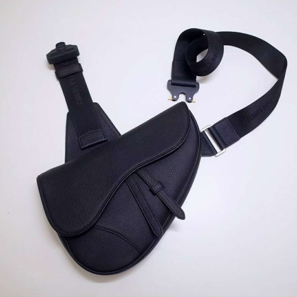 Dior Unisex Saddle Bag Black Grained Calfskin Christian Dior CD Buckle (5)