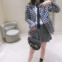 Dior Women Double-Breasted Button Jacket Blue White Check Wool Twill