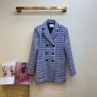 Dior Women Double-Breasted Button Jacket Blue White Check Wool Twill