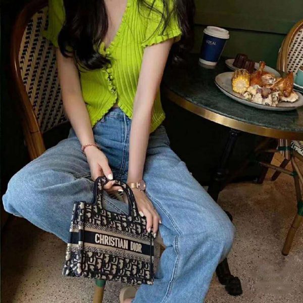 Dior Women Mini Dior Book Tote Blue Dior Oblique Embroidery (3)