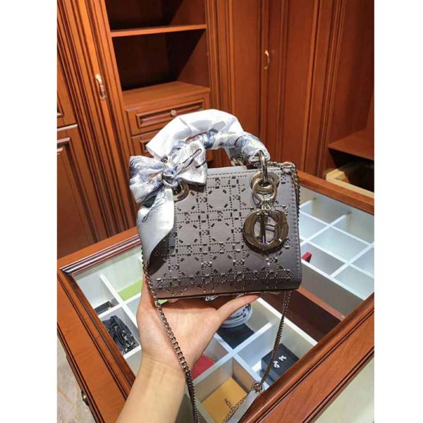 Dior Women Mini Lady Dior Bag Gray Strass Cannage Satin (8)