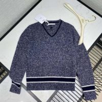 Dior Women V-Neck Sweater Blue and Gray Cashmere and Wool