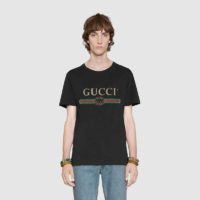Gucci Men Oversize Washed T-Shirt with Gucci Logo Black Washed Cotton Jersey