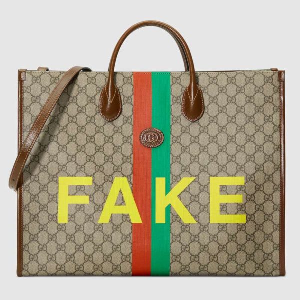 Gucci Unisex ‘FakeNot’ Print Large Tote Bag GG Supreme Canvas