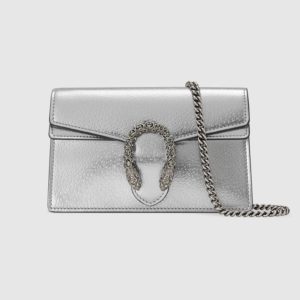 Gucci Women Dionysus Super Mini Bag Metallic Lamé Leather Tiger Head-Silver