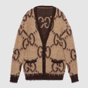 Gucci Women Reversible GG Mohair Wool Cardigan Brushed GG Jacquard Blend