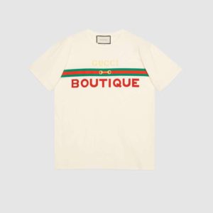 Gucci Women's Gucci Boutique Print T-Shirt Off-White Cotton Jersey