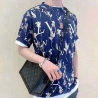 Louis Vuitton LV Men LV Leaf Discharge T-shirt Regular Fit Cotton-Blue