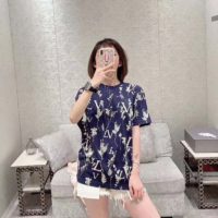 Louis Vuitton LV Women LV Leaf Discharge T-shirt Regular Fit Cotton-Blue