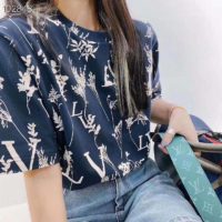 Louis Vuitton LV Women LV Leaf Discharge T-shirt Regular Fit Cotton-Blue