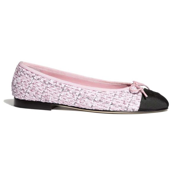 Chanel Women Ballerinas Tweed & Grosgrain Pink & Black 1 cm Heel