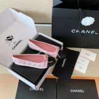 Chanel Women Ballerinas Tweed & Grosgrain Pink & Black 1 cm Heel