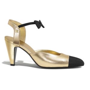 Chanel Women Pumps Laminated Lambskin & Grosgrain Gold & Black 7.9 cm Heel