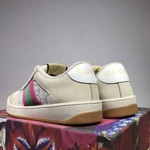 Gucci GG Unisex Screener Sneaker with Web Cream Scrap Less Leather-Beige (10)