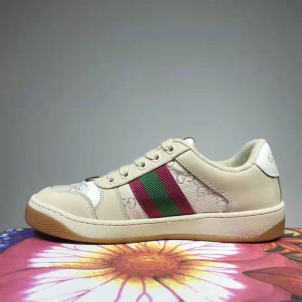 Gucci GG Unisex Screener Sneaker with Web Cream Scrap Less Leather-Beige (7)