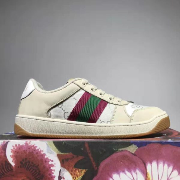 Gucci GG Unisex Screener Sneaker with Web Cream Scrap Less Leather-Beige (8)