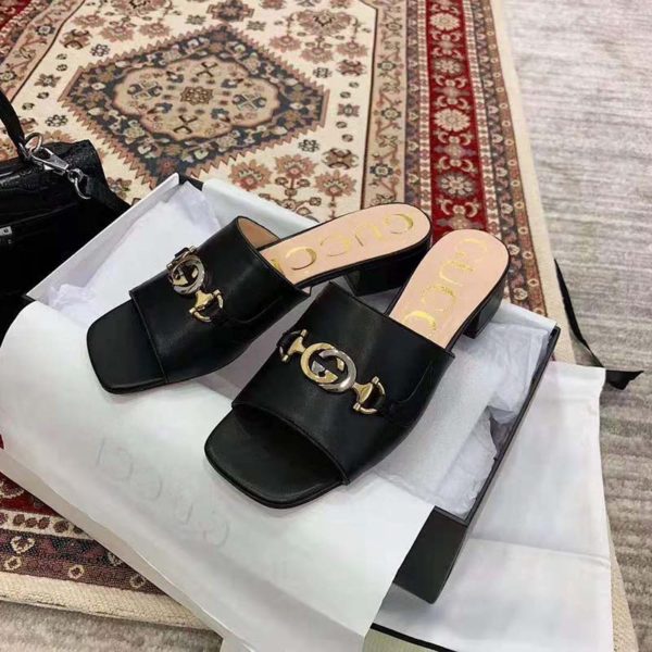 Gucci Women Zumi Leather Slide Sandal Interlocking G Horsebit Black Leather 2.5 cm Heel Height (4)