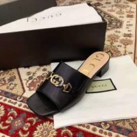 Gucci Women Zumi Leather Slide Sandal Interlocking G Horsebit Black Leather 2.5 cm Heel Height