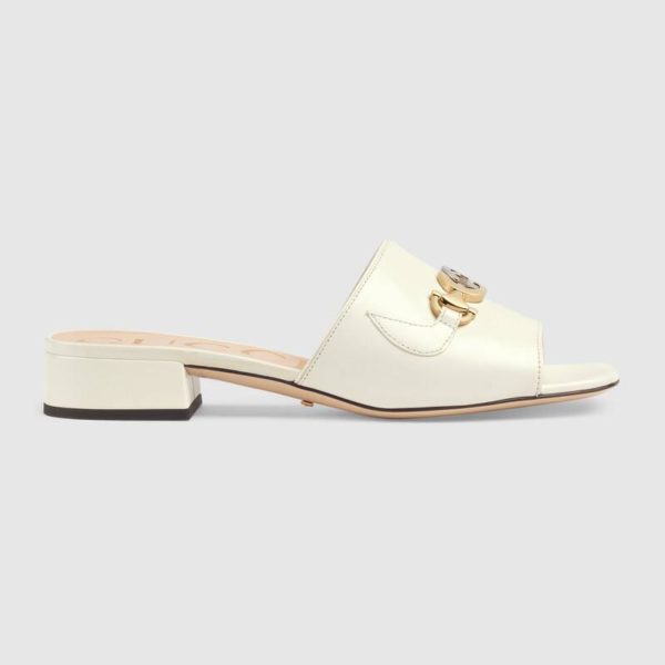 Gucci Women Zumi Leather Slide Sandal Interlocking G Horsebit White Leather 2.5 cm Heel Height