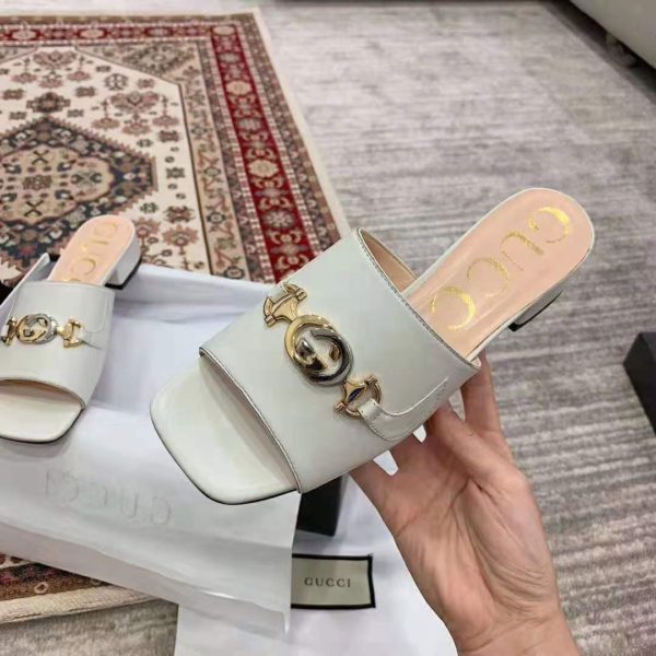 Gucci Women Zumi Leather Slide Sandal Interlocking G Horsebit White Leather 2.5 cm Heel Height (10)